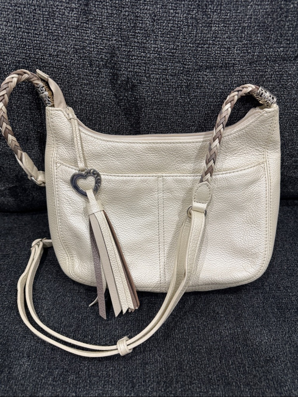 Brighton Cream Pebbled Leather Shoulder Bag with Braided Strap & Heart Tassel
